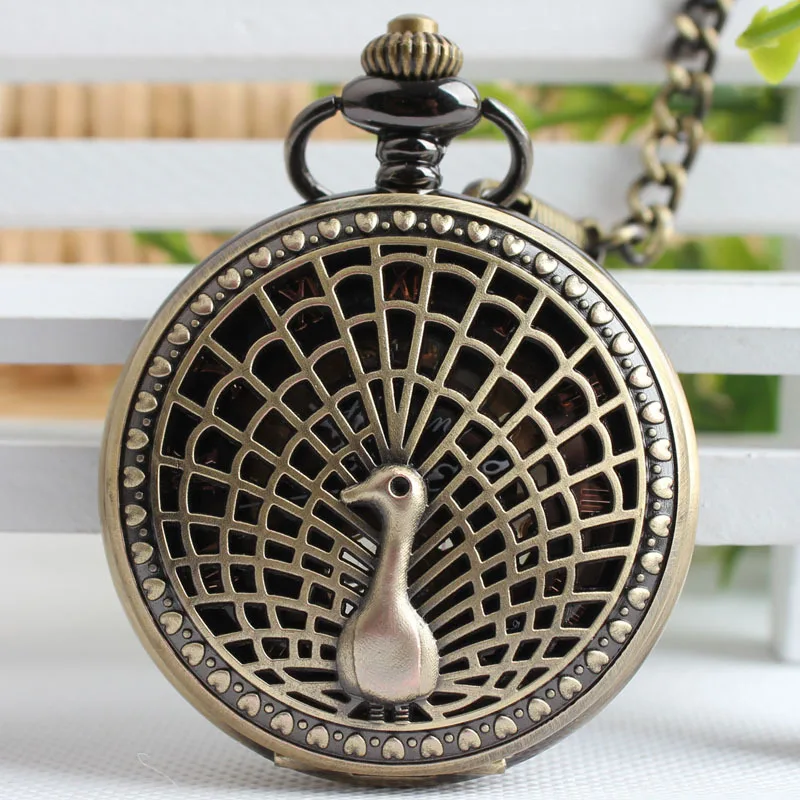 

Bronze Peacock Hollow Case Roman Number Skeleton Dial Steampunk Mechanical Pocket Watch Gift for Men Women TJX105