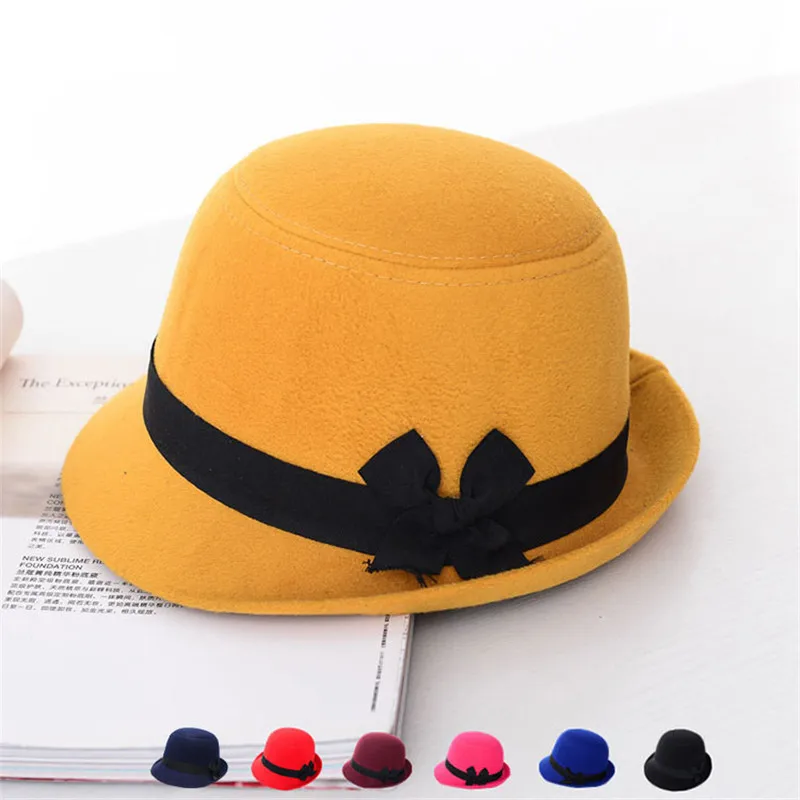 

Europe Korean Fall Winter Women's Fedora Caps Vintage Sun Hats For Woman Lady Wide Brim Felt Bowknot Hat For Women