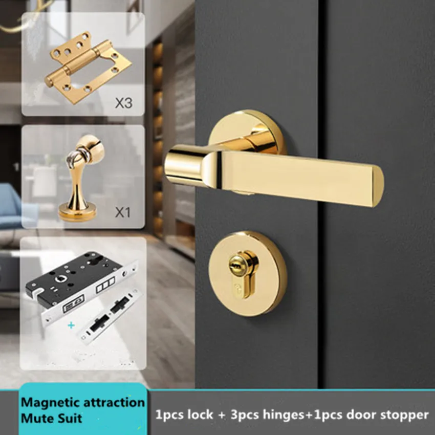 gold magnetic suite Современный модный роскошный золотой бесшумный магнитный замок для межкомнатной двери, черный замок для спальни и Кабинета из цельного дерева, дверная ручка, петля, дверной стопор - Цвет: gold magnetic suite