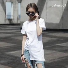Cakucool новая хлопковая футболка Женская Harajuku черная белая футболка Асимметричная Минимальная короткий рукав тонкая Повседневная летняя футболка женская