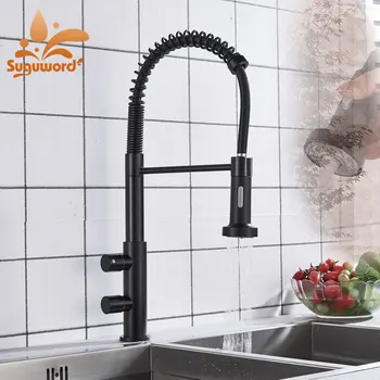 

Matte Black New Spring Kitchen Faucet Hot and Cold Deck Mount Two Handle One Hole Crane Two Function Modes