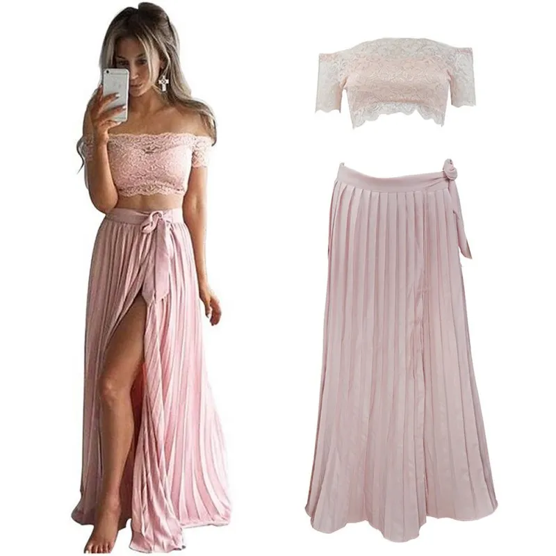 

2019 Women's Blouse And Dress Beach Women's Suit 2019 Solid Color Lace Dress Women Lace Blouse + Dress Two-Piece Suit