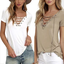 EMIR ROFFER 2018 Summer European Fashion Lace Up T Shirt Women Sexy V Neck Hollow Out