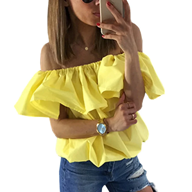 

Women Blouses Shoulder 2018 Casual Loose Solid Summer Sexy Slash Neck Lotus Leaf Elastic Tops Korean Women's Shirts Female
