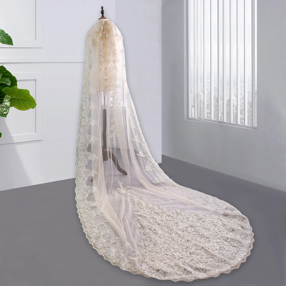 3 Meter White Ivory Cathedral Wedding Veils 2018 Long Lace Applique Edge Bridal Veil with Comb Wedding Accessories Bride Veu