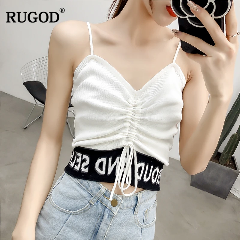 RUGOD новые летние женские массивные буквы трикотажные короткие сексуальные camis, с широкими линиями ремень плиссированные тонкие Стильные топы повседневные топы