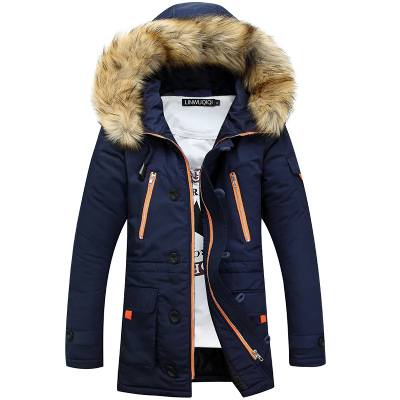 Aismz уплотненная Мужская парка зимняя куртка мужские пальто мужская верхняя одежда с меховым воротником повседневное длинное хлопковое стеганое Мужское пальто с капюшоном - Цвет: AZ6881 Navy