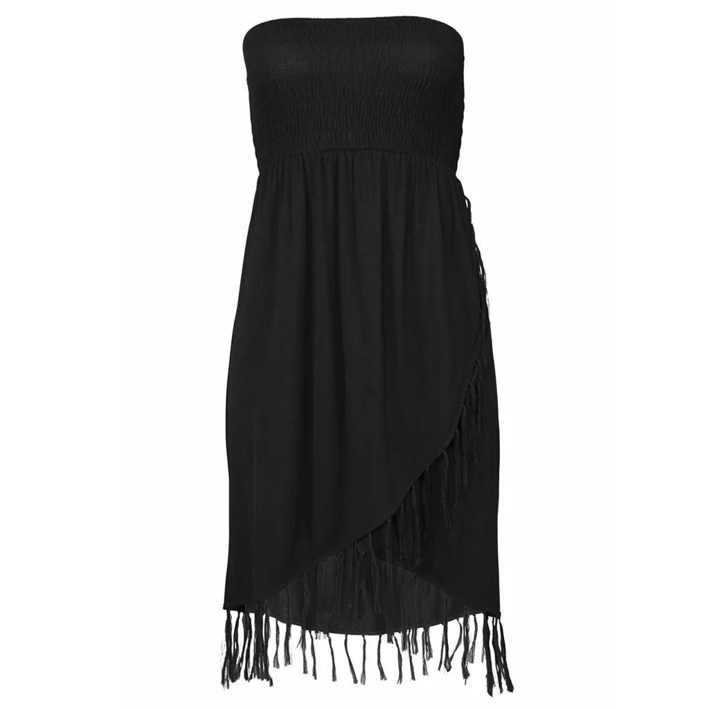 CHAMSGEND Летняя женская юбка-труба с бахромой, пляжная юбка, пляжная юбка для отдыха на море, однотонная модная повседневная юбка - Цвет: Черный