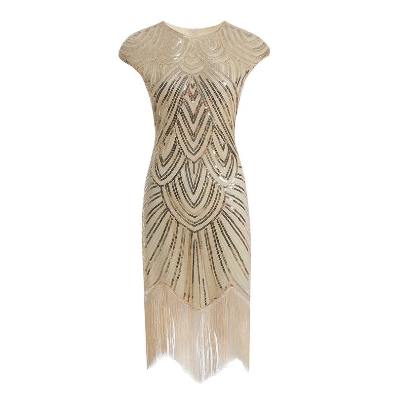 Женские винтажные вечерние платья в стиле Грейт Гэтсби, с v-образным вырезом, с рукавом, с блестками, с бахромой, миди, летние платья, украшенные в стиле арт-деко, 1920s - Цвет: Beige