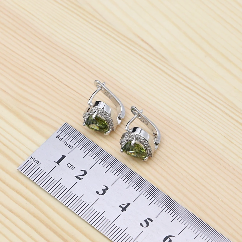 Сердце Серебро 925 Свадебные комплекты украшений для женщин оливковый зеленый фианит кольцо браслет ожерелье серьги-гвоздики с подвеской в комплекте