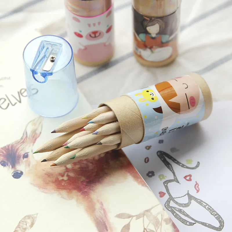 

12 PCS Pencil Colored Wood Pencils Set With Pencil Sharpener Cartoon Colored Pencils for school office writing kids Lead Sketch
