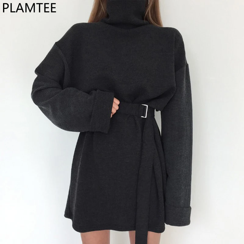 

PLAMTEE Women Vintage Bandage Sweater Dress New Sexy Turtlenck Mini Dresses Korean Kpop Loose Dresses Lady Winter Dress Vestidos