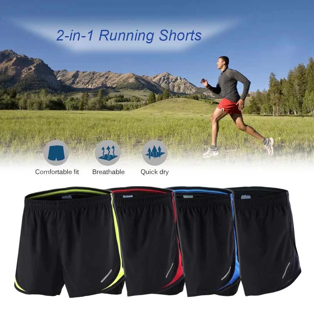 

2 in 1 Arsuxeo Summer Men's Marathon Running Shorts Black Quick Dry Training Marathon Fitness Run Sports Shorts Plus Size