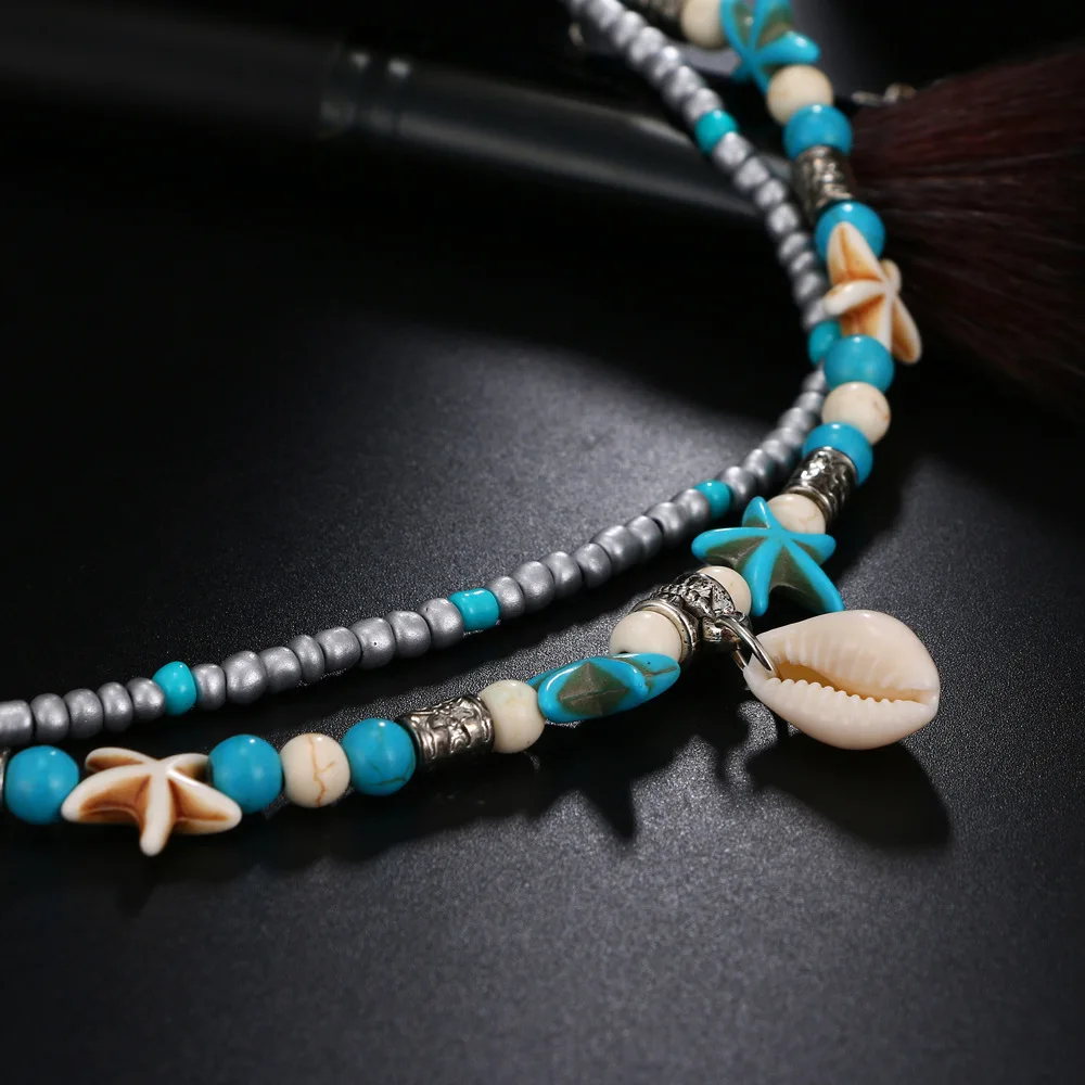 Bohemian Multiple Layers Starfish Shell Anklets For Women Vintage Boho Beads Chain Anklet Bracelet Beach Jewelry