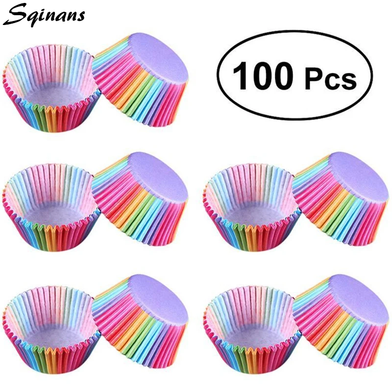 

Sqinans 100pcs/Lot Rainbow Color Cupcake Liner Baking Cup Muffin Cupcake Paper Cups Grease-proof Cupcakes Paper Cases Cake Mold