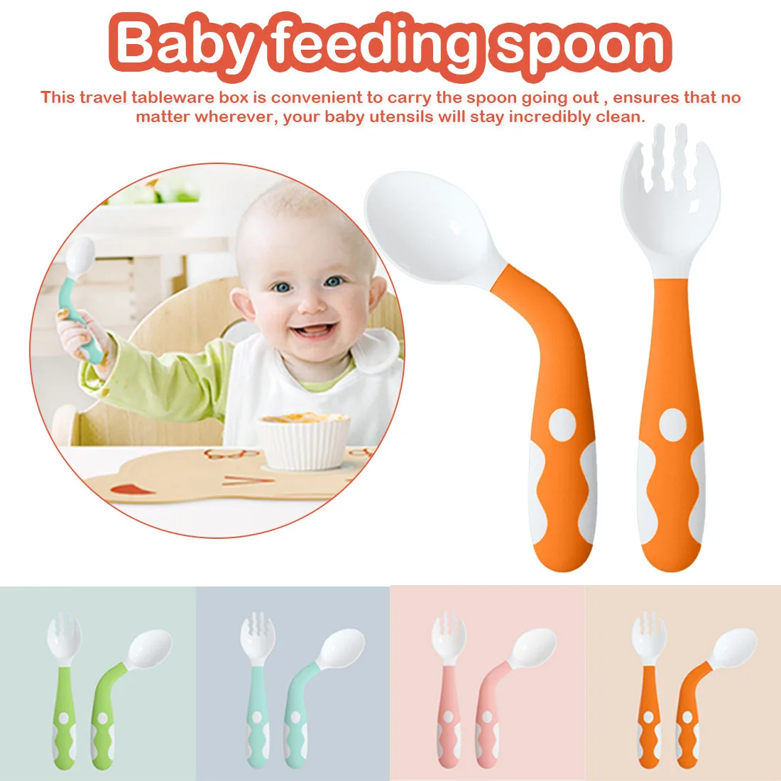 

2Pcs Bendable Baby Spoon Fork Set Toddler Infant Learning Tableware Flatware Utensils Kids Cutlery with Storage Box