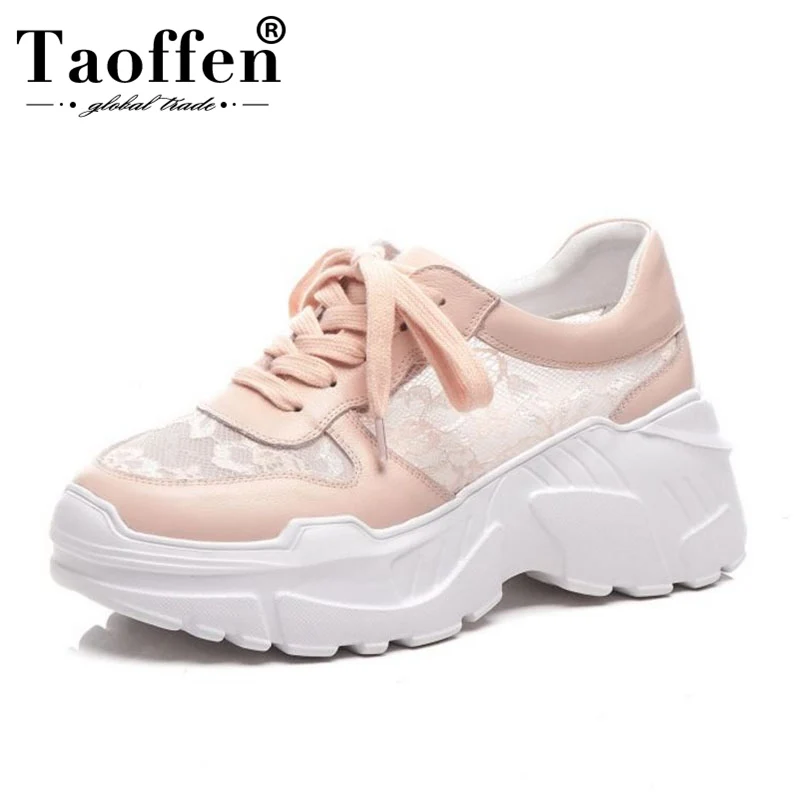 

Taoffen Mesh Hollow Thick Sole Sneakers Real Leather Casual Shoes Lace Up Platform White Vulcanized Shoes Women Size 34-39