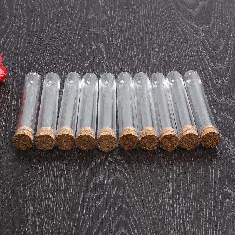 

Brand new 50pcs/lot 18x100mm Transparent Plastic Test Tube With Cork Stopper Round Bottom School Laboratory Educational Supplies