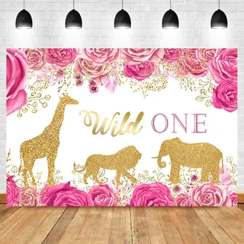 

NeoBack Wild One Birthday Backdrop Pink Flower Golden Lion Background Animal Giraffe Banner Party Photography Background