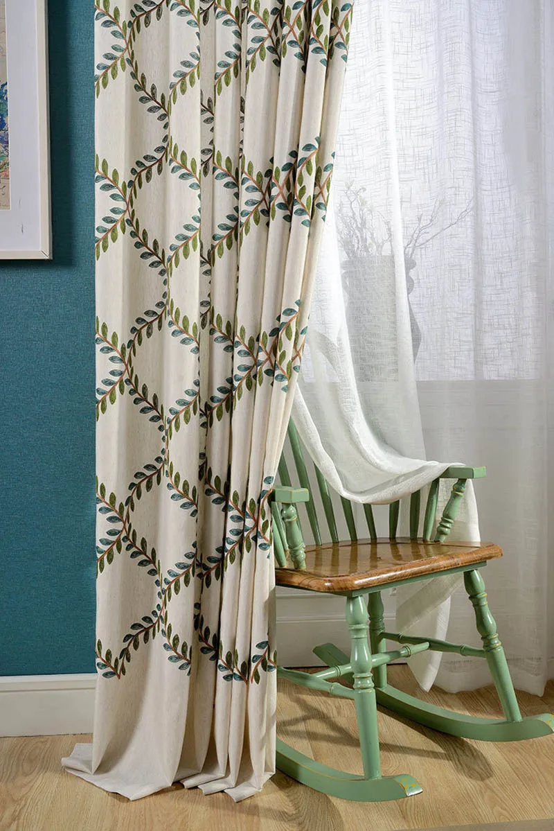 Вышивка хлопок шторы тюль ветви ромбы геометрические бежевый синий зеленый гостиная спальня украшения для балкона cortinas
