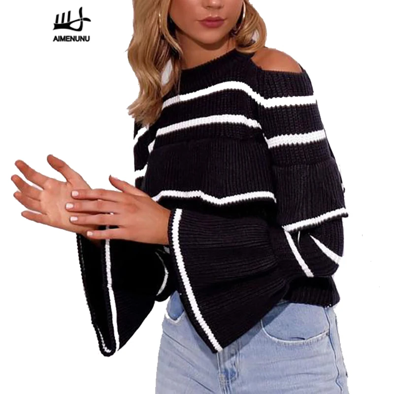 

AIMENUNU Ruffles striped women sweaters and pullovers with open shoulders fashion flare sleeve slim pullover female knit jumpers