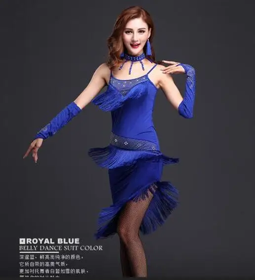 

New 2017 Adult Womens Sexy Blue Red Fringe Tasseled Stoned Latin Salsa Dance Costume Dress