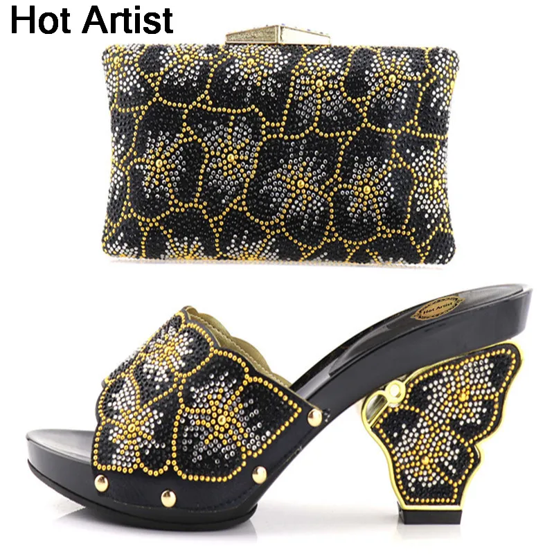 

Hot Artist African Rhinestone Ladies Black Color Shoes And Bag Set Italian Design High Heels Shoes And Bag Set For Wedding YH-11