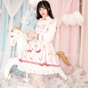 

Sweet Lolita Victorian Dress Halloween Chritmas Costumes For Women Pink OP Loli Skirt Long Sleeves Printing Bowknot Plus Size