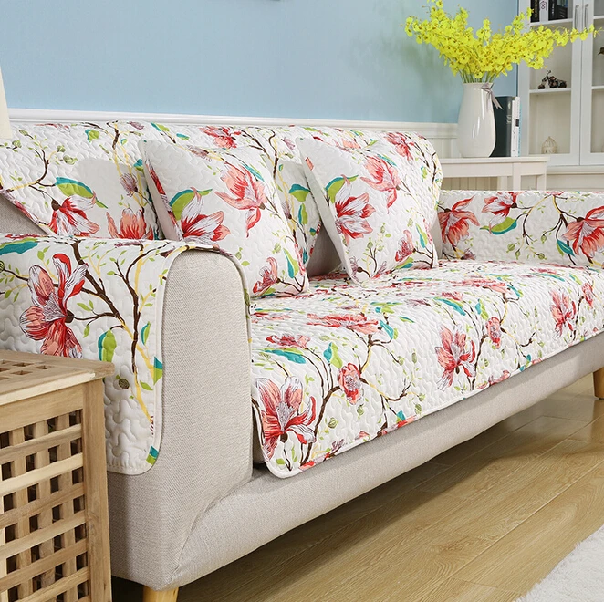 Capa Para Sofa Decorativa Quilted Cushion Printed Floral Summer Cotton Fabric Couch Cover Sofa