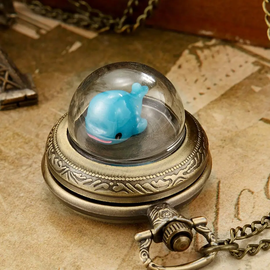

Unique Vintage Cute Dolphin Owl Bear Translucent Pocket Watch Retro Necklace Fob Clock Chain Pendant Men Women Gifts For Kids