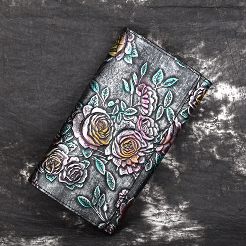 

Genuine Leather Women Money Purse Floral Pattern Retro Casual Cash Card Holder High Quality Female Cowhide Clutch Long Wallet