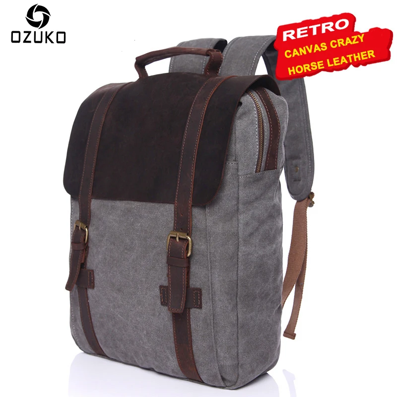OZUKO Leather Canvas Backpacks Vintage Fashion School Bags for Teenagers Men Women Laptop Backpack Male Travel Rucksack Mochila цена OZUKO Leather Canvas Backpacks Vintage Fashion School Bags for Teenagers Men Women Laptop Backpack Male Travel Rucksack Mochila цены онлайн