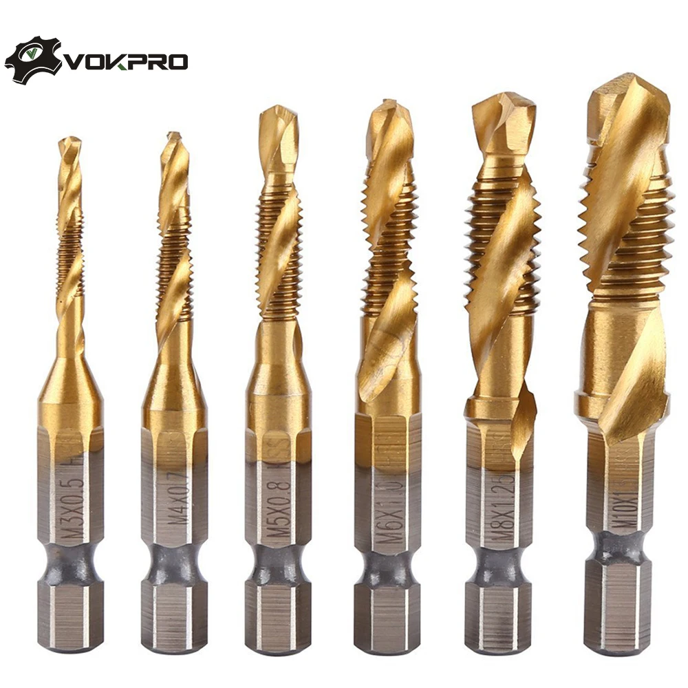 

6pcs M3-M10 Screw Tap Drill Bits Hss Taps Countersink Deburr Set Metric Combination Bit High Speed Steel 1/4 IN Quick Change Hex