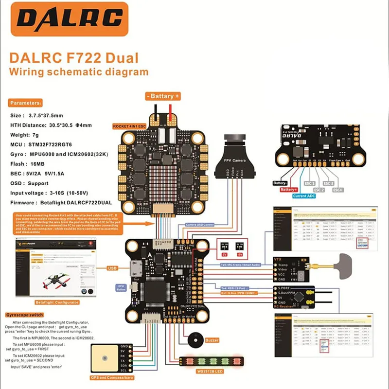DALRC F722 DUAL STM32F722RGT6 F7 Контроллер полета MPU6000 и ICM20602 Встроенный OSD для RC FPV гоночный Дрон