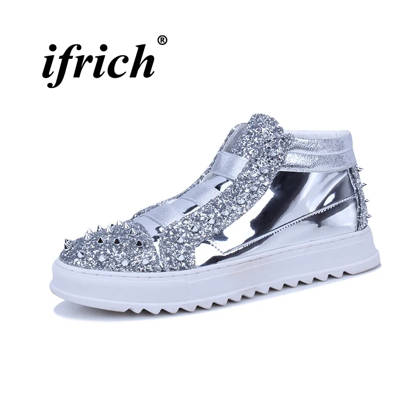 

Youth Fashion Mens Shoes High Top Male Original Patent Leather Shoes Rivet Slip On Flats Footwear Black Red Walking Men Shoes