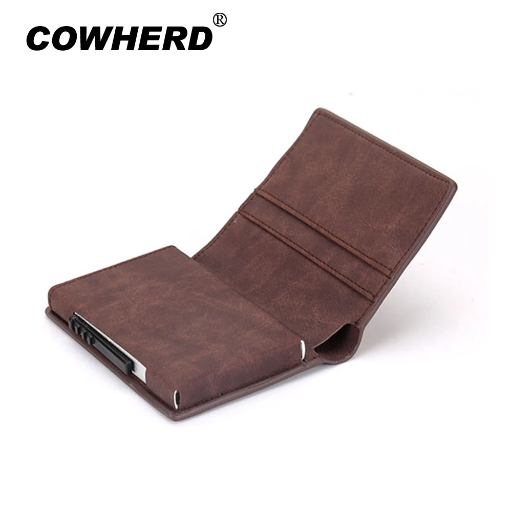 

Metal Men Aluminum Alloy Credit Card Holder RFID Blocking PU Leather Wallet Automatic Pop Up Card Case Anti-theft Male Purse