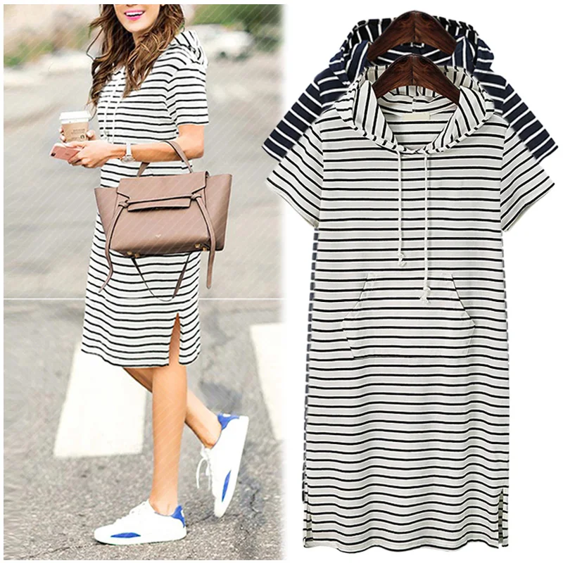 

Plus Size 4XL 5XL Women Hoodies Shirt Dress Summer Short Sleeve Black And White Striped Blouse Dresses Casual Work Office Dress