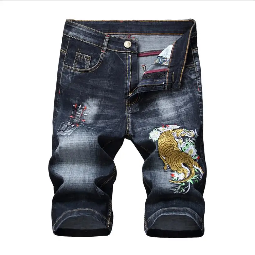 Men Black Denim Shorts Holes Short Jeans New Summer Men Cotton Stretch Jean Shorts Men Straight Knee Length Short Jeans