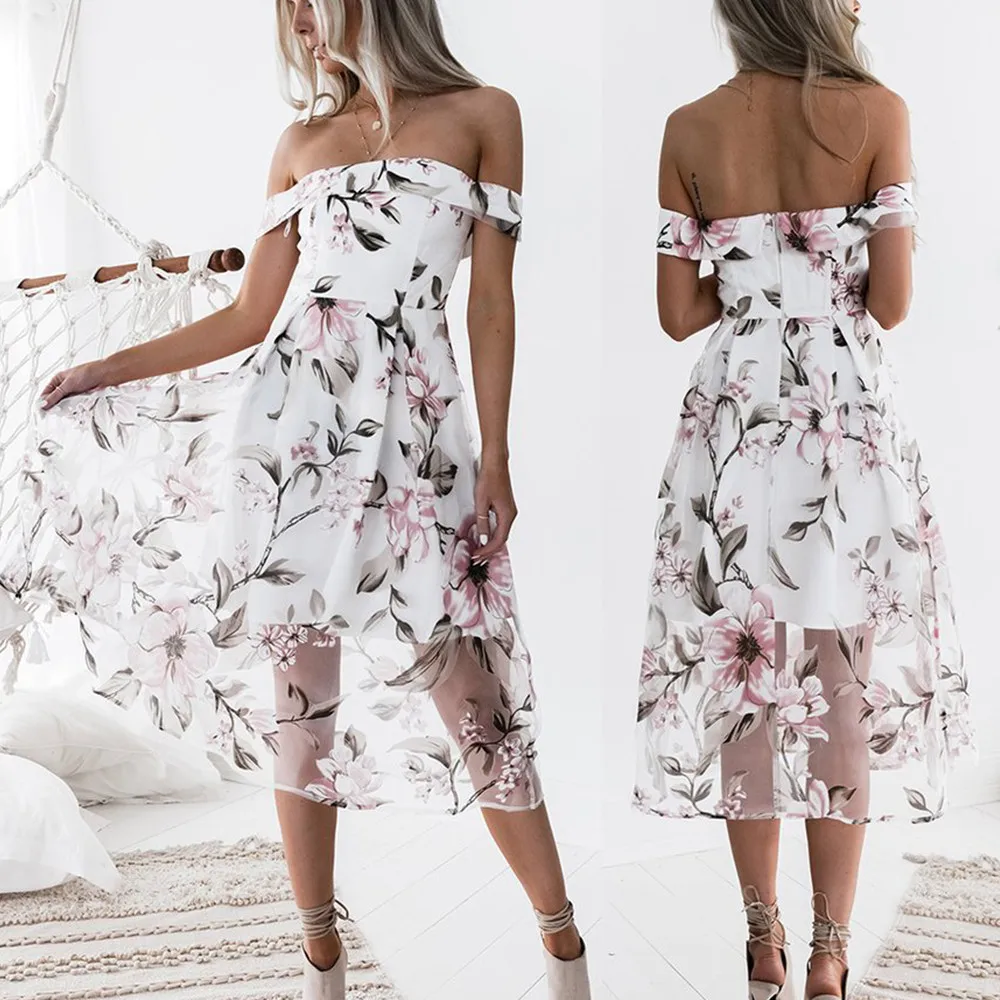 

2018 Women Off Shoulder Long Dress Floral Print Boho Dress Tunic Maxi Dress Sundress Vestidos de festa Drop Shipping*