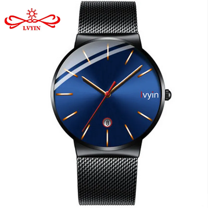 LVYIN Special 2.5D Convex Glass Quartz Watch Men Steel Mesh Watches Calendar Wrist Simple Blue Business Analog LY021 | Наручные часы
