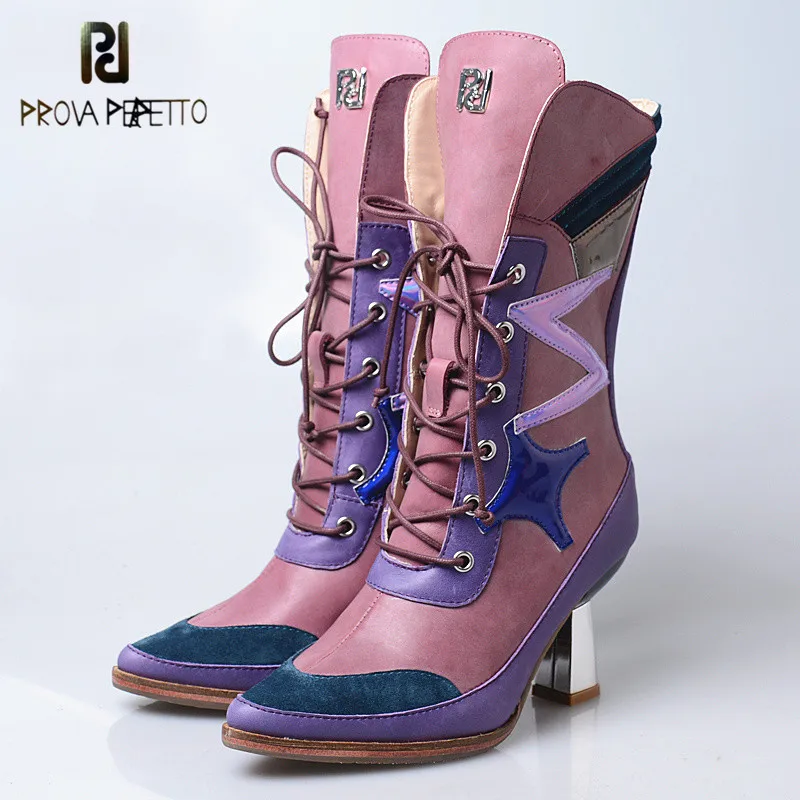 

Prova perfetto Fashion Brand High Heels Woman Mid-boots Soft Cow Leather Mixed Colors Pointed Toe Cool Martin Boots All-match