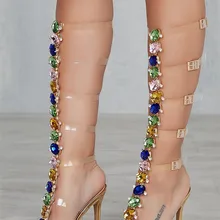 Пикантные из прозрачного ПВХ Римские сандалии женская обувь с открытым носком Т-strapColorful Rhinestone Алмазный ясно на высоком каблуке Для женщин Летняя обувь