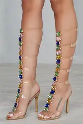 Пикантные из прозрачного ПВХ Римские сандалии женская обувь с открытым носком Т-strapColorful Rhinestone Алмазный ясно на высоком каблуке Для женщин