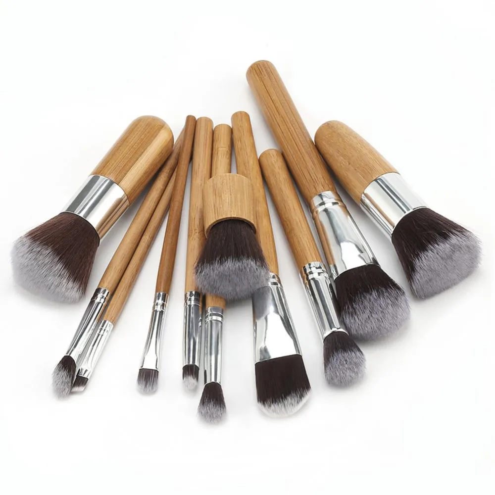 

Hot Sale 11 Pcs Professional Natural Bamboo Makeup Brushes Foundation Blending Brush Tool Set Women Facial Beauty Brush
