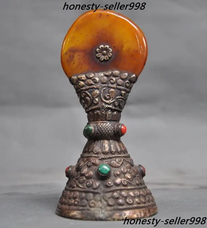 

christmas 6" A Rare Old Tibetan Silver inlay beeswax Turquoise Red coral Seal Stamp signet halloween