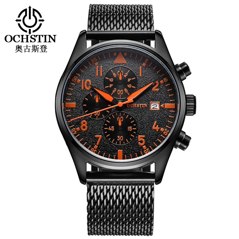 OCHSTIN Мужские кварцевые часы из нержавеющей стали с сетчатым ремешком черные спортивные часы мужские часы с хронографом Топ бренд Relogio Masculino - Цвет: Black Orange