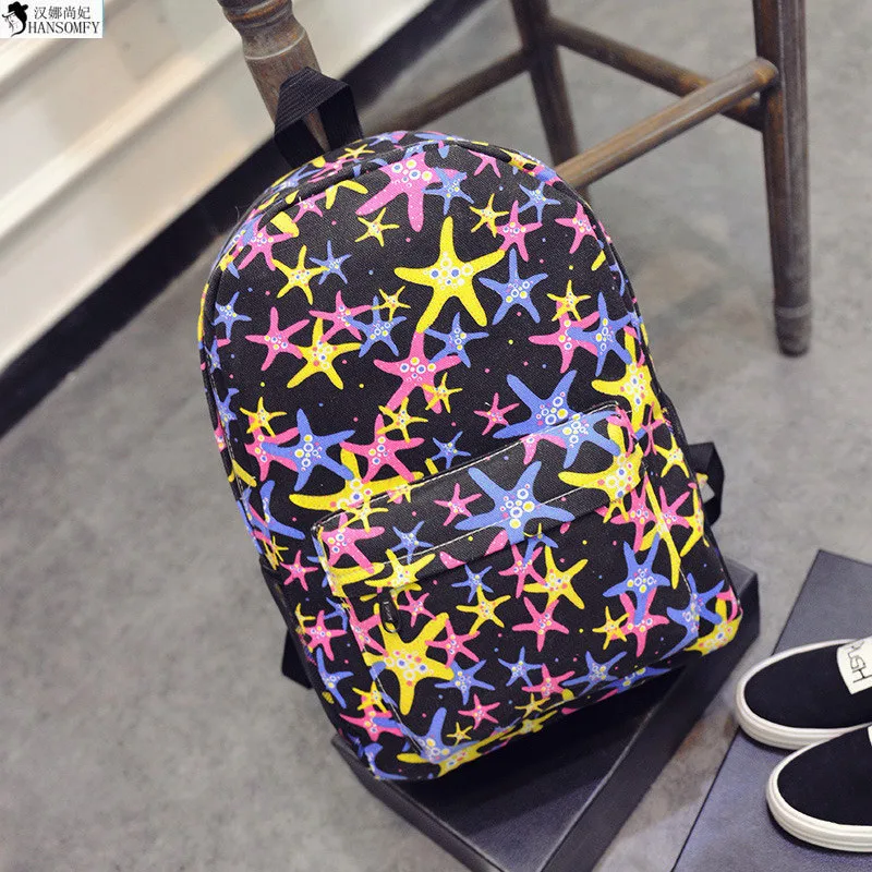 HANSOMFY School Of Fashion Star Printing Wind Backpack Female Canvas Schoolbag Backpack Cute Korean