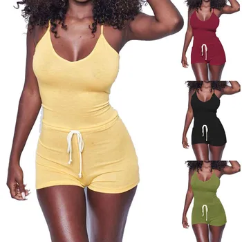 

Women Casual Sleeveless Bodycon Jumpsuit Lace Up Waist Sexy Clubwear Bodysuit Bandage Short Pants For Ladies