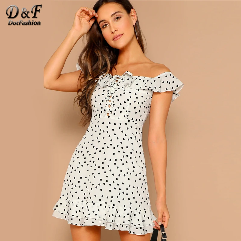 

Dotfashion White Flounce Layered Neck Lace-Up Dot Bodycon Dresses Woman Party Night 2019 Summer Glamorous Sleeveless Short Dress