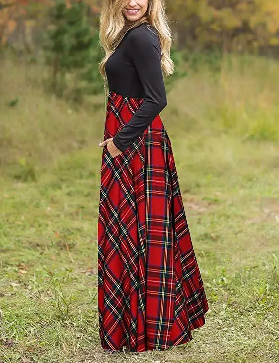 Новое весеннее шотландское платье в английском стиле, клетчатое платье с длинным рукавом, красное черное женское длинное платье Z136